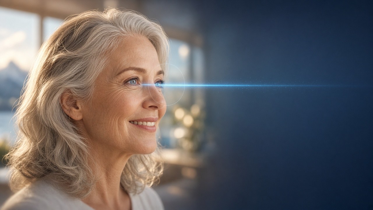 Lächelnde Patientin mit klarem Blick – sanfter Laserstrahl am Auge als Symbol für schonende Laserbehandlung
