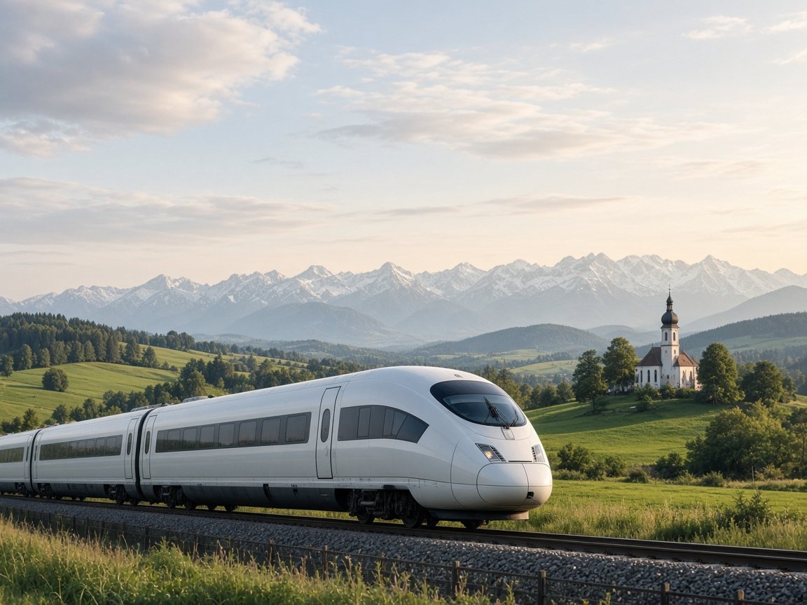 Schnellzug vor bayerischem Alpenpanorama