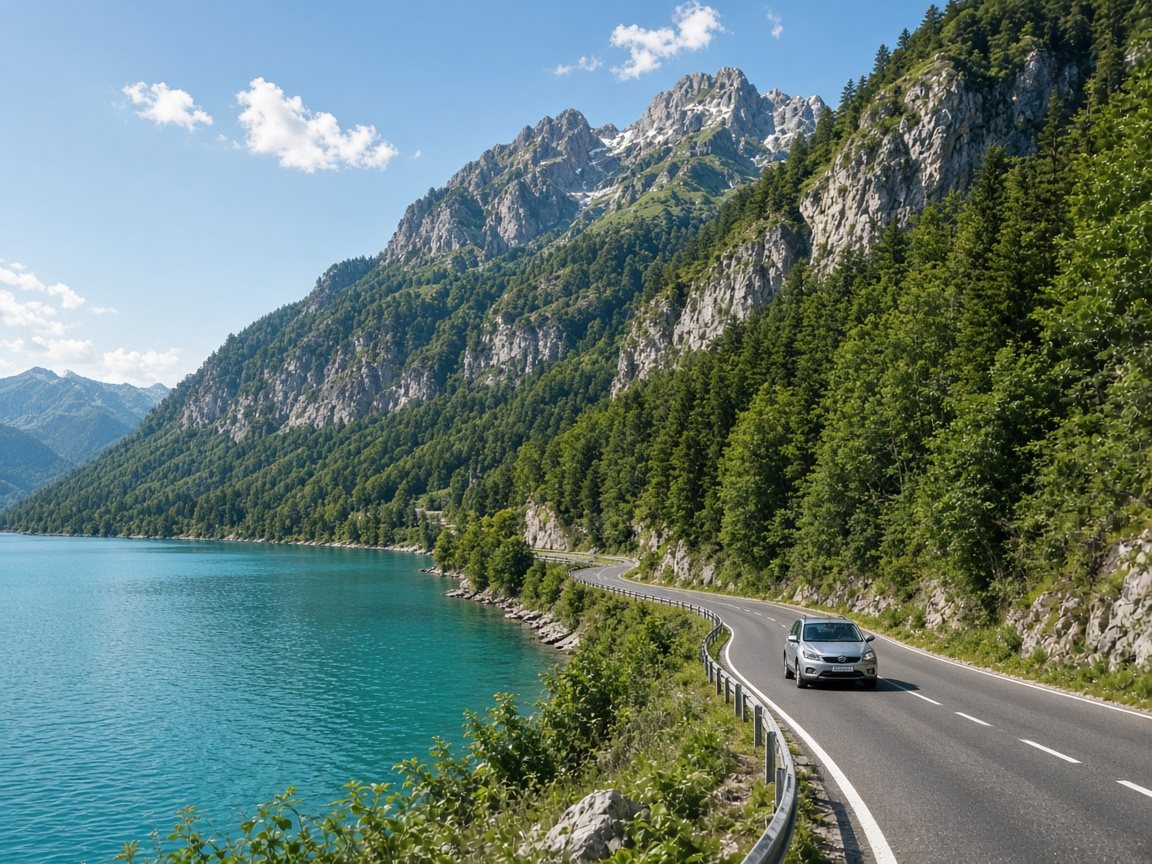 Bergstraße entlang eines türkisfarbenen Sees in Tirol