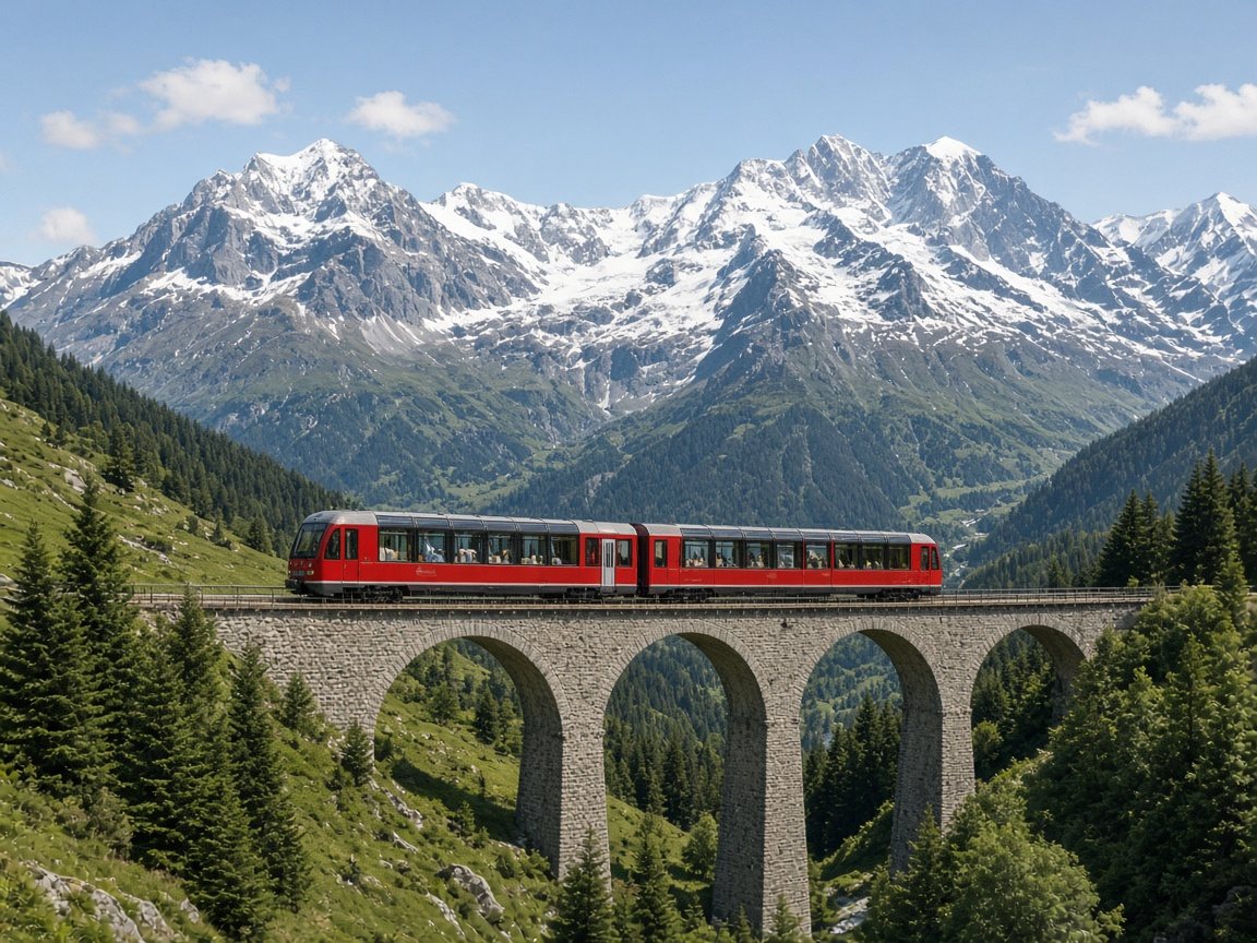 Roter Zug auf einem Viadukt vor schneebedeckten Schweizer Bergen